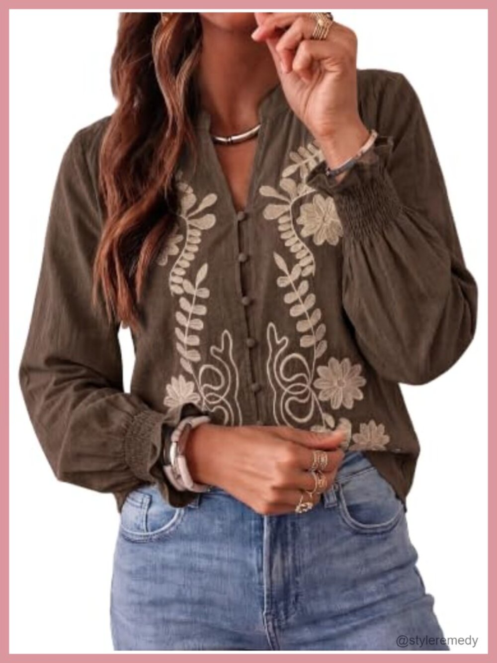 Women's Cotton Floral Embroidered Button Down Blouse